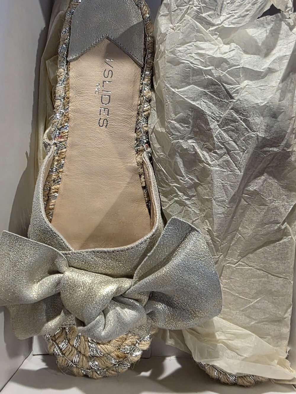 J/SLIDES Silver Bow Espadrille Flat